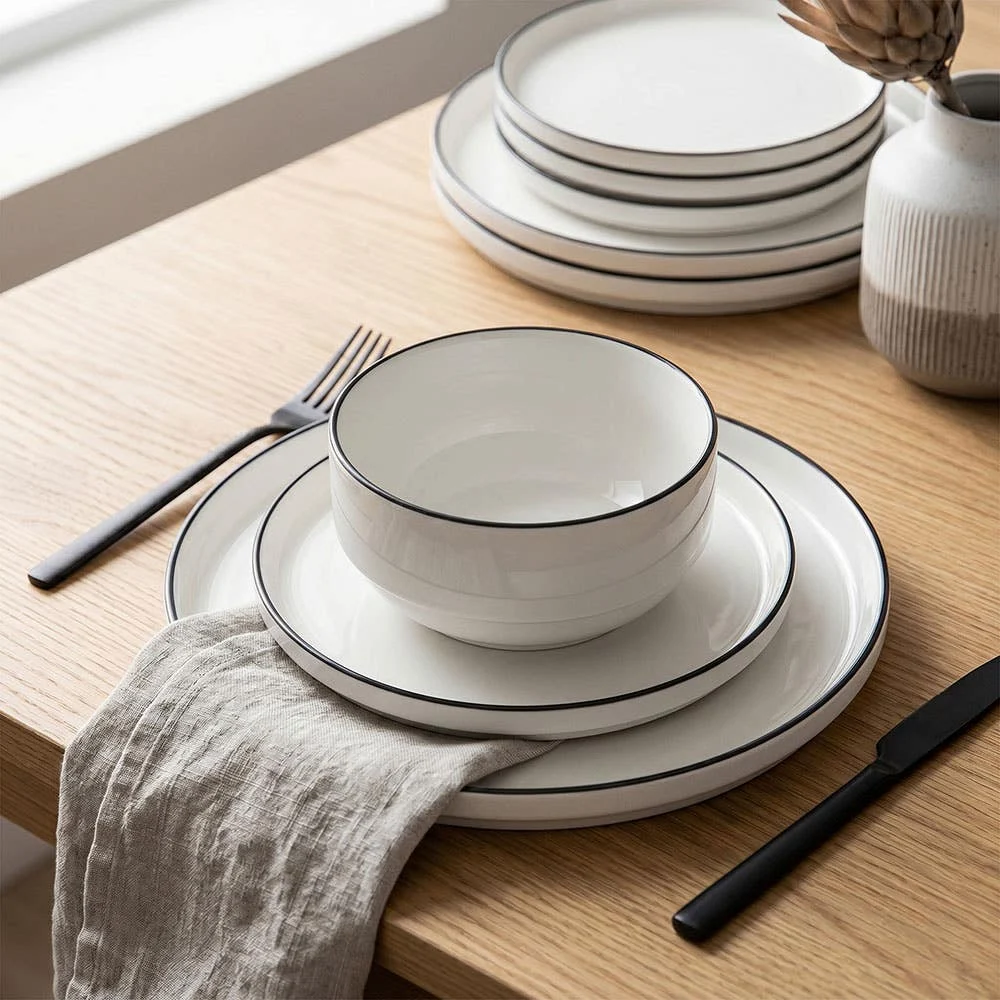 KSP Modo Porcelain Dinnerware - Set of 12 (White/Black)