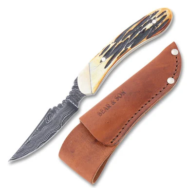 Bear & Son Genuine India Stag Bone Caper Fixed 2.5in Damascus Blade BR5009D