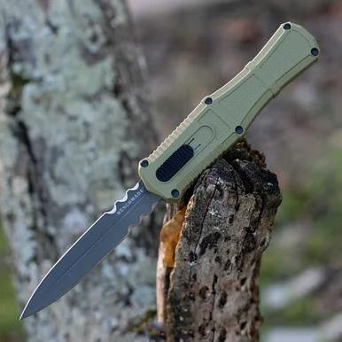 Benchmade Claymore OTF - 3.89" D2 Smoke Gray Dagger Combo Blade, Green Grivory Handle - 3370SGY-1, Discontinued