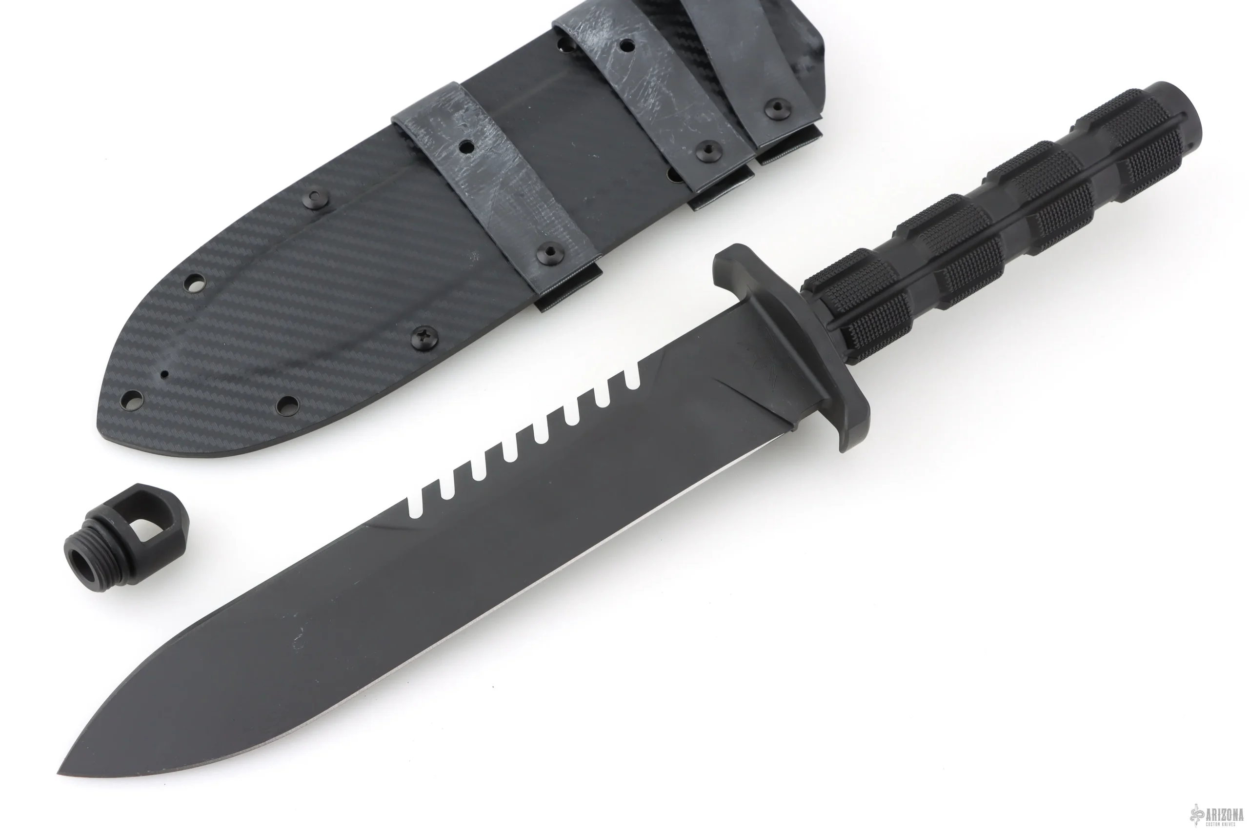 Big Fixie Survival Knife 9.5" A2 Black Cerakote Drop Point, Hollow Black Steel Handle