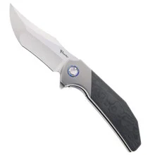 (Broken Tip) Open Box/Returned Reate Knives Tiger Folding Knife Black Camo Fat Carbon Fiber Handle M390 Plain Edge Belt Satin Finish