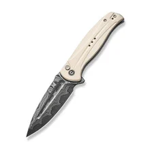 Civivi Incindie Button Lock Folding Knife Off White G10 Handle Damascus Spear Point Plain Edge C23053-DS1