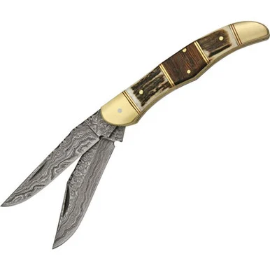 Damascus Knives Filework Folding Hunter - Stag/Buckhorn (3.5" Damascus) DM1041