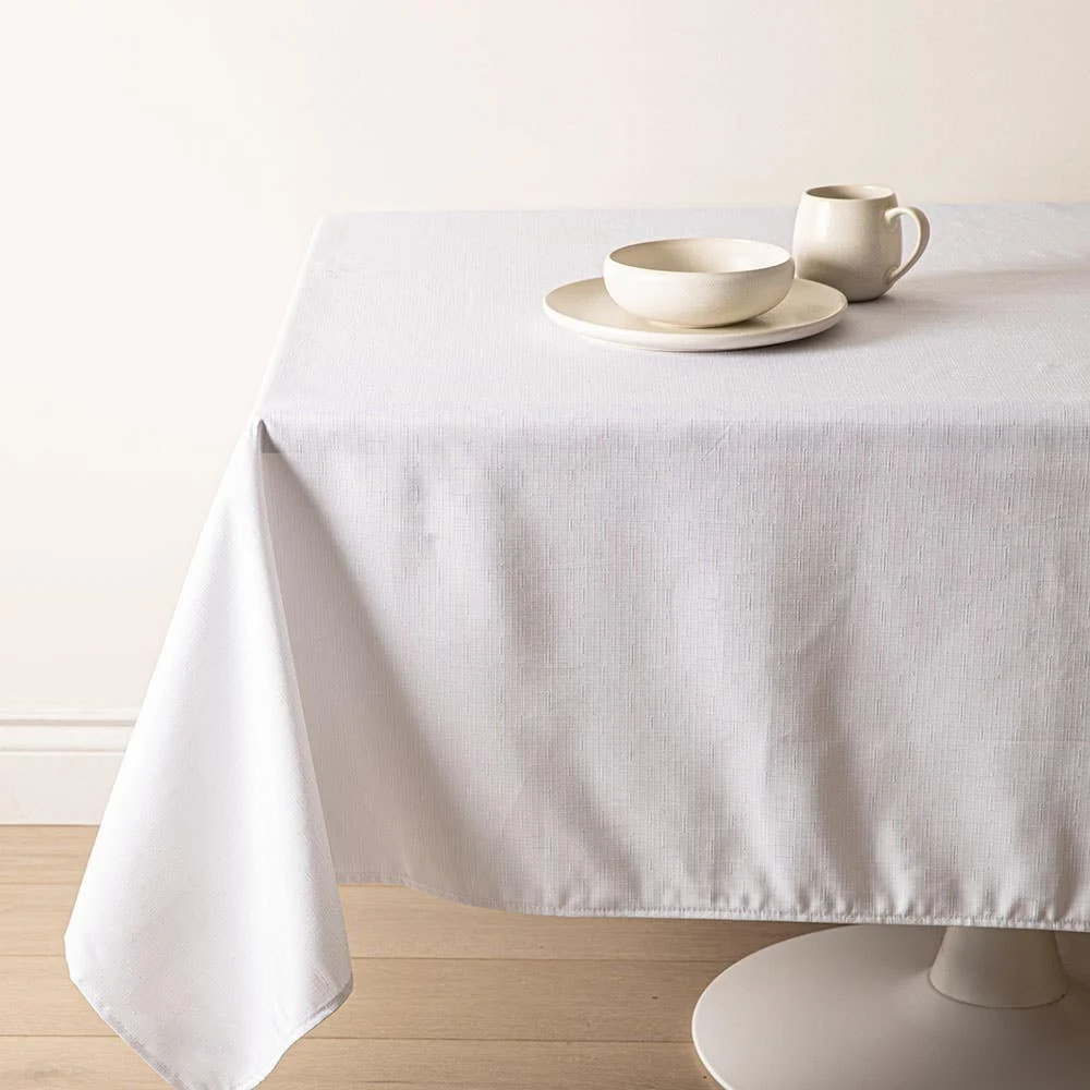 Easycare Printed Textured Faux Linen Polyester Tablecloth 58x78 White