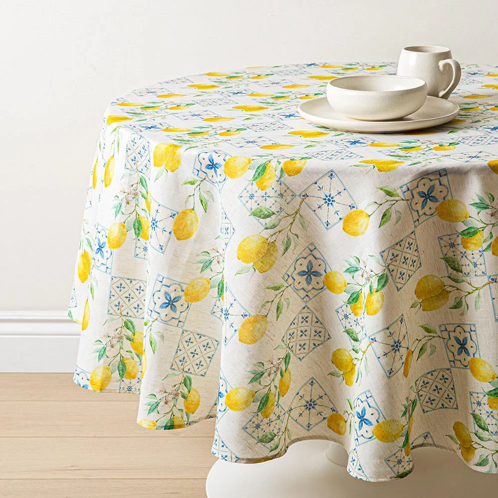 Harman Printed 'Lemon Tile' Linen Tablecloth 70" dia.