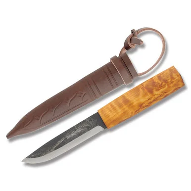 Helle Viking Fixed Blade Knife Carbon/Stainless Curly Birch with Leather Sheath HF01