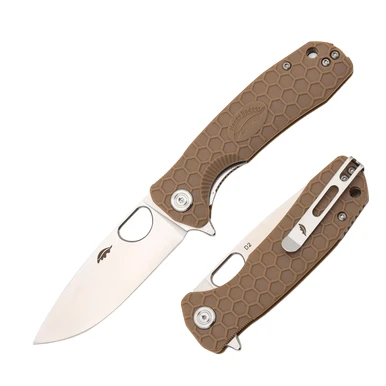 Honey Badger Knives Medium Drop Point - Tan FRN - D2 Satin Blade 3.19in HB1015