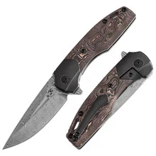 Kansept Cassowary Folding Knife Black Stonewash Titanium/Copper Carbon Fiber Handle Damascus Plain Edge K2065B5