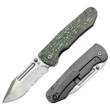 Kansept Superhawk Folding Knife Blackwash Titanium/Green Carbon Fiber Handle Damascus Plain Edge K1084B3