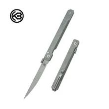 KB Knives Prism Folding Knife Grey Titanium Handle M390 Tanto Point Plain Edge Stonewash Finish KB211A
