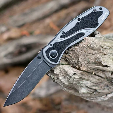 Kershaw Blur Assisted Opening Knife - 3.4" Sandvik 14C28N BlackWash Drop Point Blade Gray Aluminum Handle with Trac-Tec Inserts USA Made 1670BGBW