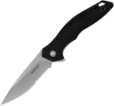 Kershaw Shoreline Assisted Opening Knife - 3" 8Cr13MoV Stonewashed Partially Serrated Drop Point Blade Black Contoured GFN Handle 1845ST