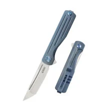Kubey Muso Folding Knife Blue Titanium Handle M390 Tanto Plain Edge Belt Satin Finish KB244B