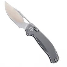 Kunwu Django Folding Knife Bead Blast Gray Orange Peel Titanium Handle ELMAX Plain Edge Satin Finish X707T-2