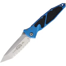 Microtech Socom Elite Folding Knife Blue Aluminum/Black Traction Handle Tanto Serrated Edge Stonewash Finish 161-12 BL