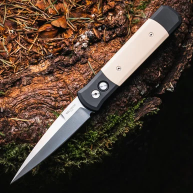 Pro-Tech Godfather Tuxedo - 4.0" 154CM Satin Plain Edge Spear Point Blade, Black Aluminum / Ivory Micarta Handle - 951