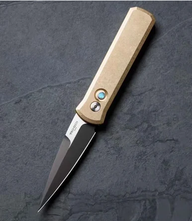 Pro-Tech Godson - 3.15" 154CM 2-Tone Plain Edge Spear Point Blade, Bronze Stonewash Aluminum Bronze Handle, Mother of Pearl Button - 7111