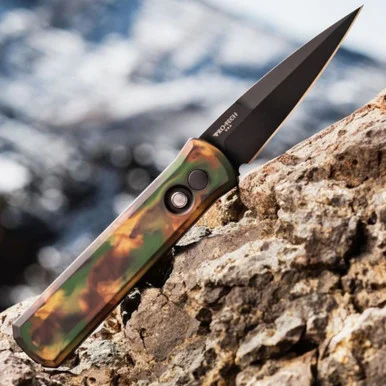 Pro-Tech Left Handed Godson - 3.15" 154CM DLC Plain Edge Blade, Woodland Camo Aluminum Handle - 721-LH WOODLAND