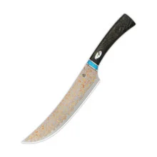 QSP Butcher Fixed Blade Knife Stabilized Wood/Abalone Shell Inlay Handle Brass Copper Damascus Plain Edge QSPKK-006B