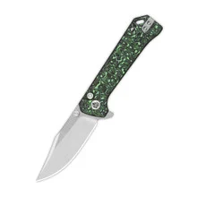 QSP Grebe Button Lock Folding Knife Green/Black Carbon Fiber Handle S35VN Clip Point Plain Edge QS147-G1