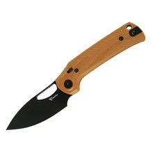 Reate PL-XE Folding Knife Tan G10 Handle Nitro-V Plain Edge Black PVD Finish