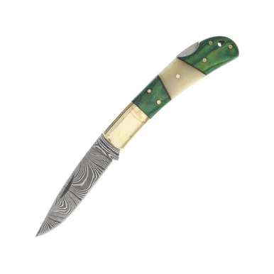 Szco Damascus Green Pakkawood and White Bone Lockback Folding Knife DM1169