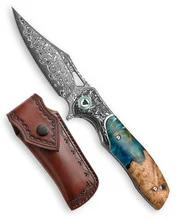 Trivisa Apus-07L Liner Lock Folding Knife Steel/Resin Wood Handle Damascus Plain Edge YZ02-LRW-D/P