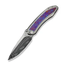 WE Winsome Folding Knife Polished Beadblast Titanium/Timascus Handle Damasteel Plain Edge WE23092-DS1