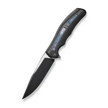 WE Zonda Folding Knife Titanium/Twill Carbon Fiber/Flamed Titanium Inlay Handle 20CV Clip Point Plain Edge Black Stonewash/Satin Flat Finish WE22016-1